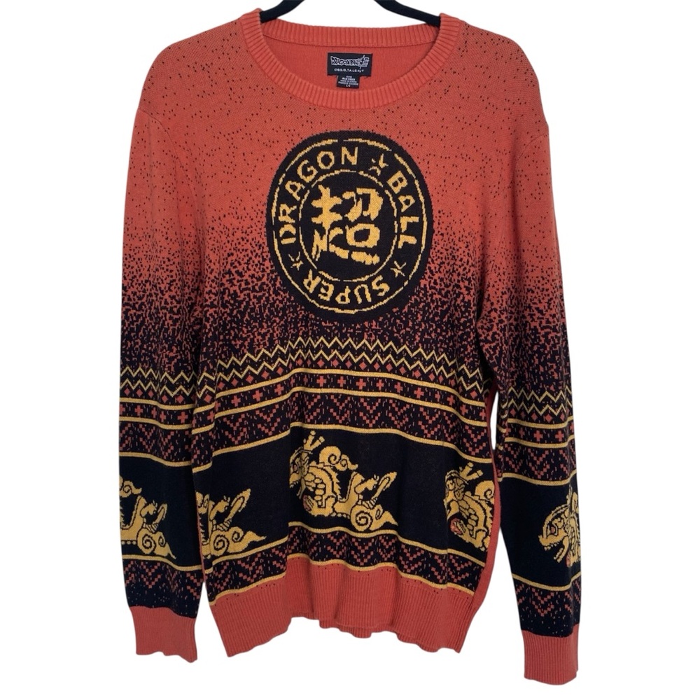 Super Dragon Ball Z Sweater Men’s Large Orange Anime Graphic Knit Pullover